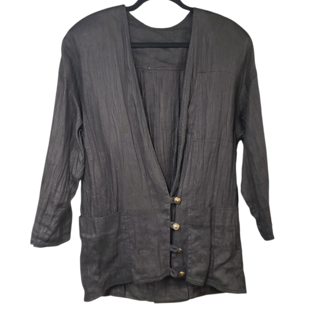 Vintage Norma Legge Black Women's Linen Jacket Blazer Relaxed Boxy